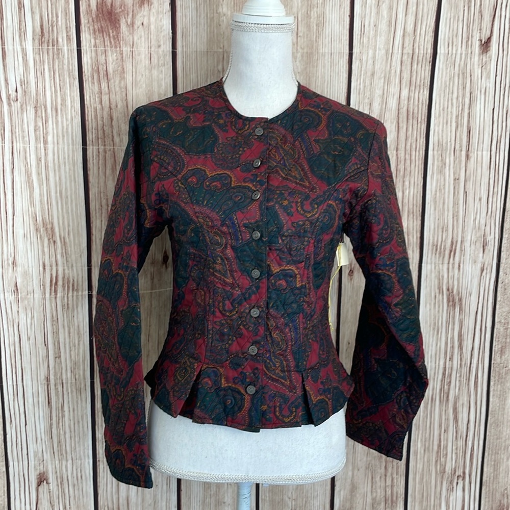 Kenneth Gordon Quilted Paisley Fitted Jacket Burgundy/Green/Yellow/Blue Size 4